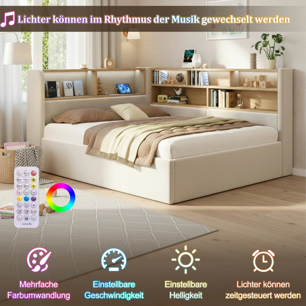 Letto da giorno imbottito 140x200 cm in velluto beige con contenitore; LED; USB e Type-C