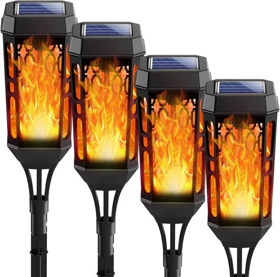 Illuminazione Esterna a Energia Solare con Effetto Fiamma Realistico IP65 Resistente all'Acqua Accensione Automatica/Spenta per Giardino Cortile Aree Esterne (4 pezzi)
