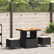 Set da pranzo da giardino 3 pezzi con cuscini nero in poly rattan e acacia