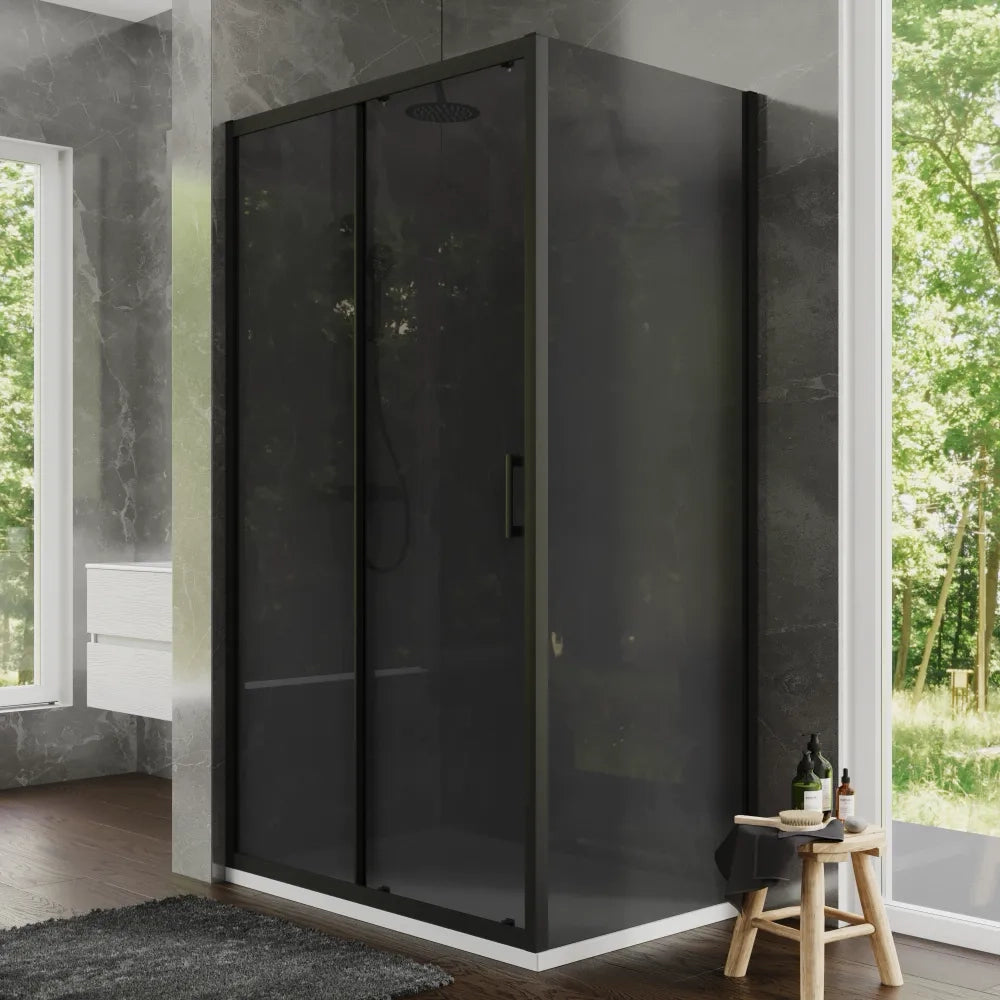 Box doccia 80x115 cm scorrevole profili nero opaco vetro temperato 6mm fumè anticalcare h198 | Tahiti