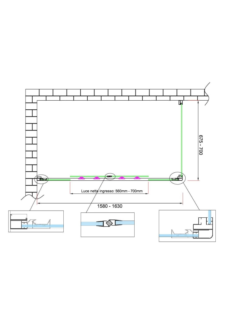 Box doccia 6 mm H 190 parete fissa e porta a 4 ante con apertura centrale MISURA 67,5-70 ANTA FISSA + PORTA 158-163