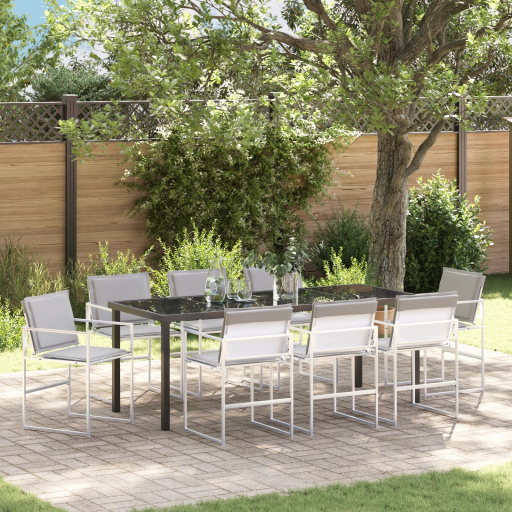 Set da Pranzo da Giardino 9 Pezzi con Cuscini Bianchi in Textilene e Acciaio