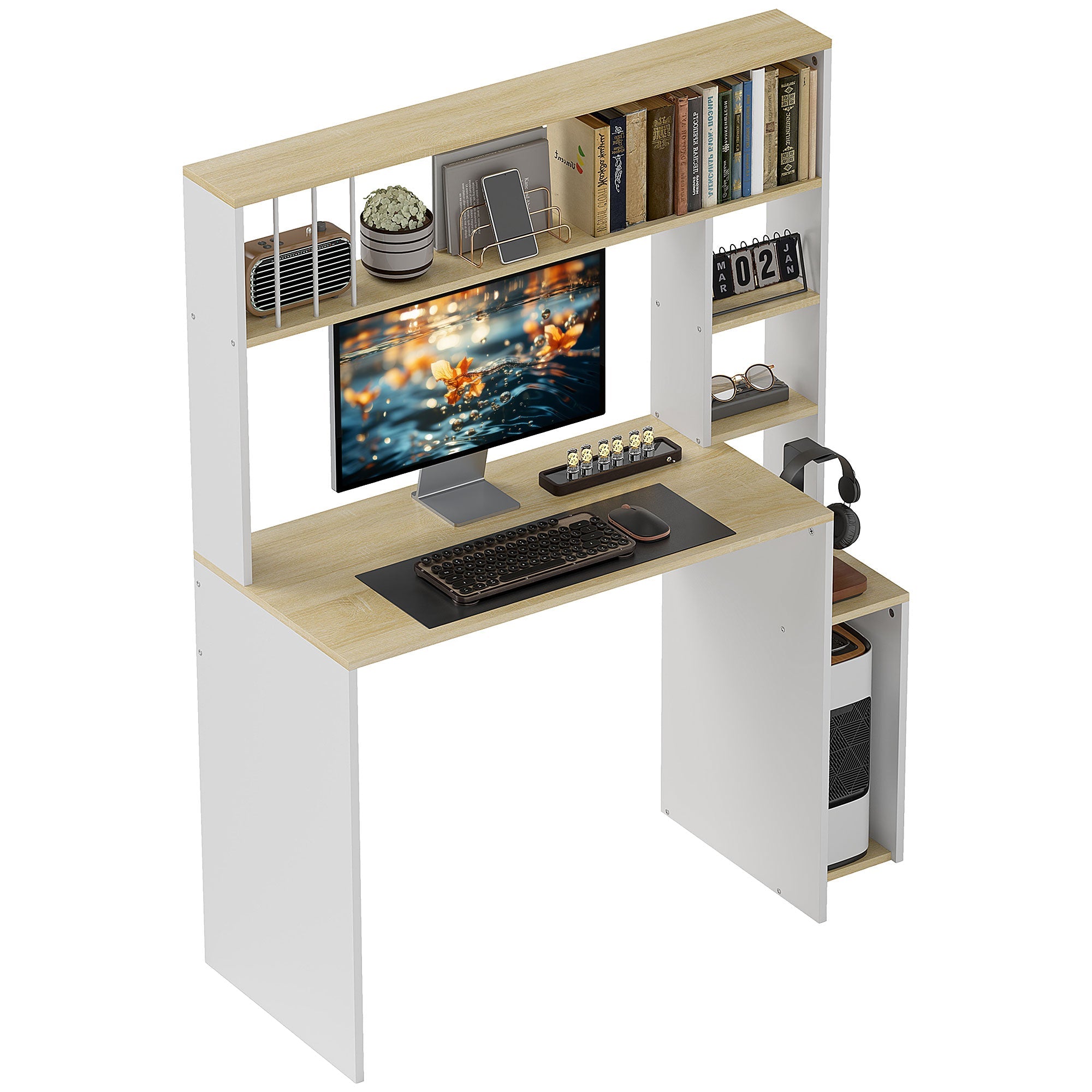 Scrivania per Computer Moderna 113x45x138.5 cm con Libreria e Porta CPU Rovere
