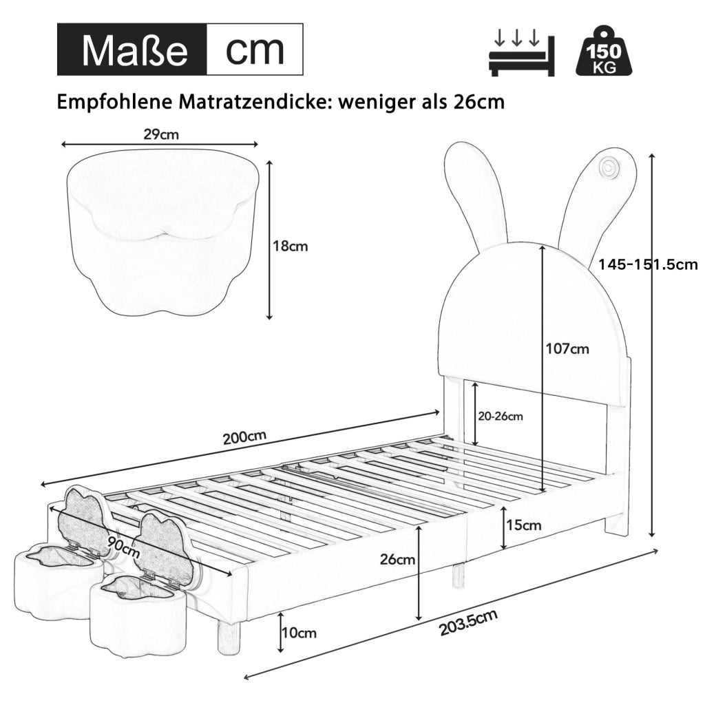 Letto imbottito 90x200 cm in velluto francese rosa con LED e contenitori laterali