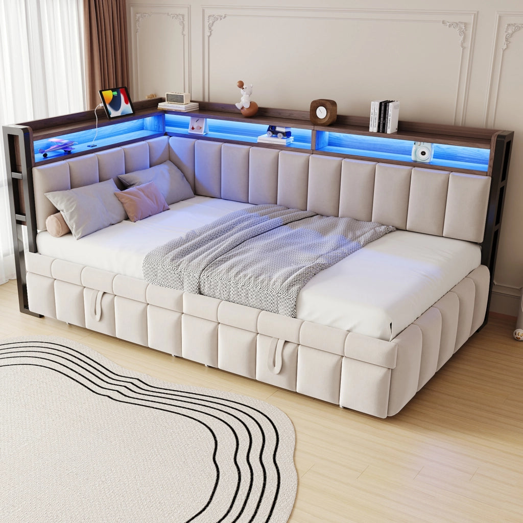 Divano letto estraibile 90x200 cm con LED; USB e USB-C in velluto beige
