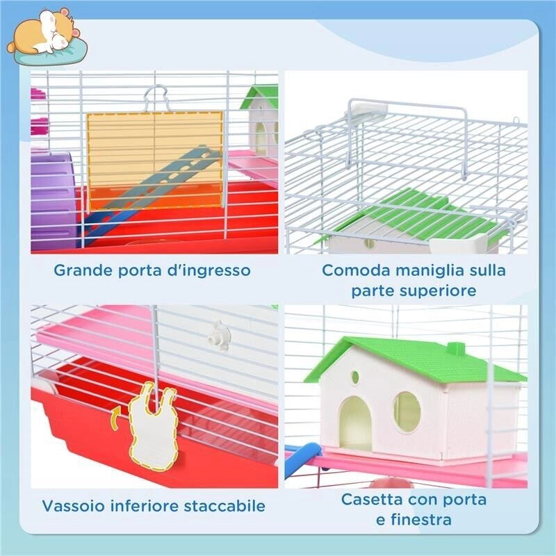 GABBIA PER CRICETI A 2 LIVELLI IN METALLO E PP CON CASETTA, SERBATOIO DELL'ACQUA E RUOTA, 47X30X27 CM