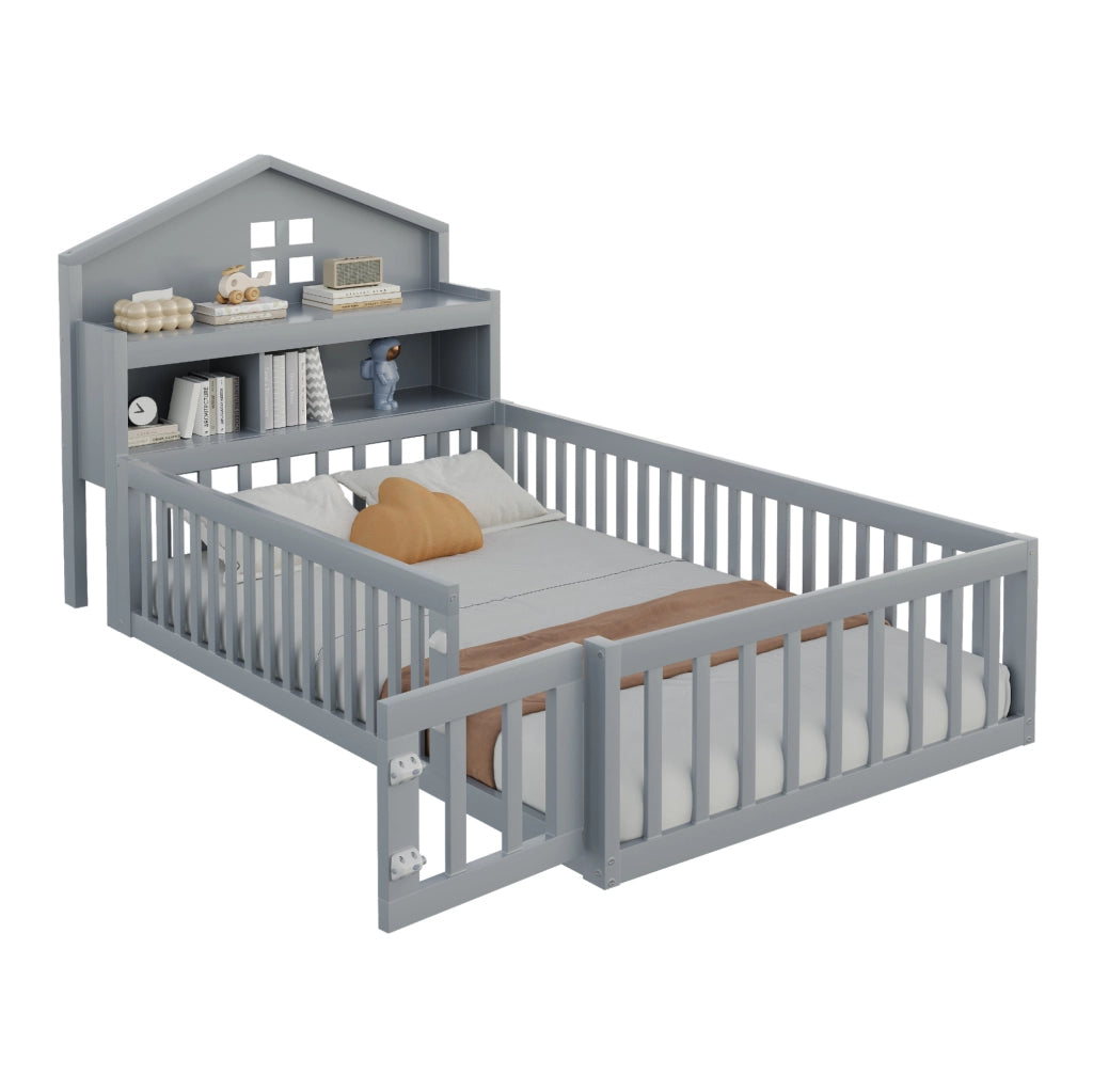 Lettino per bambini a forma di casa 90x200 cm in legno massello grigio; con ripiani e porta
