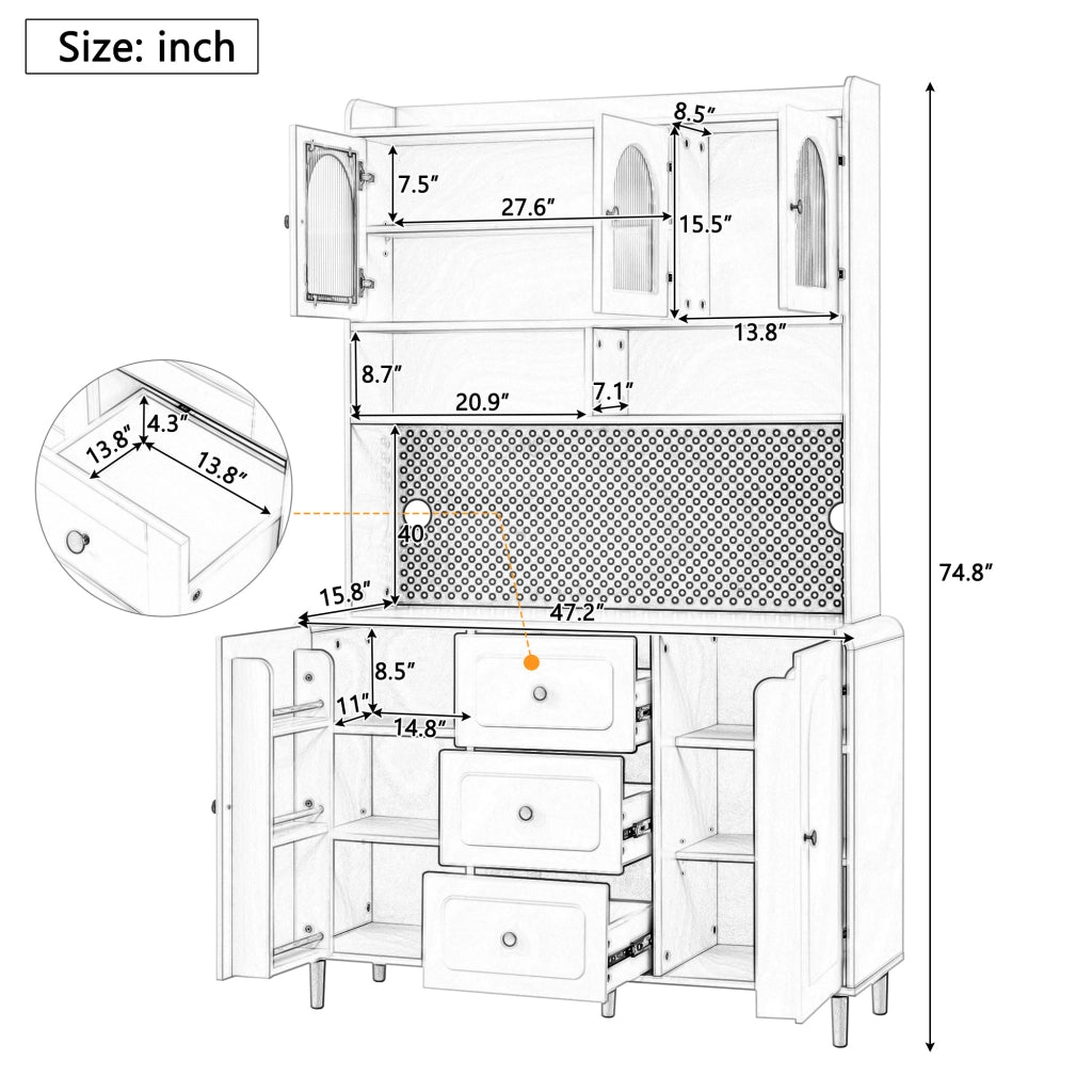 Credenza alta con pannello forato, 3 cassetti e ripiani regolabili, per cucina, in MDF nero, 120 × 40 × 190 cm