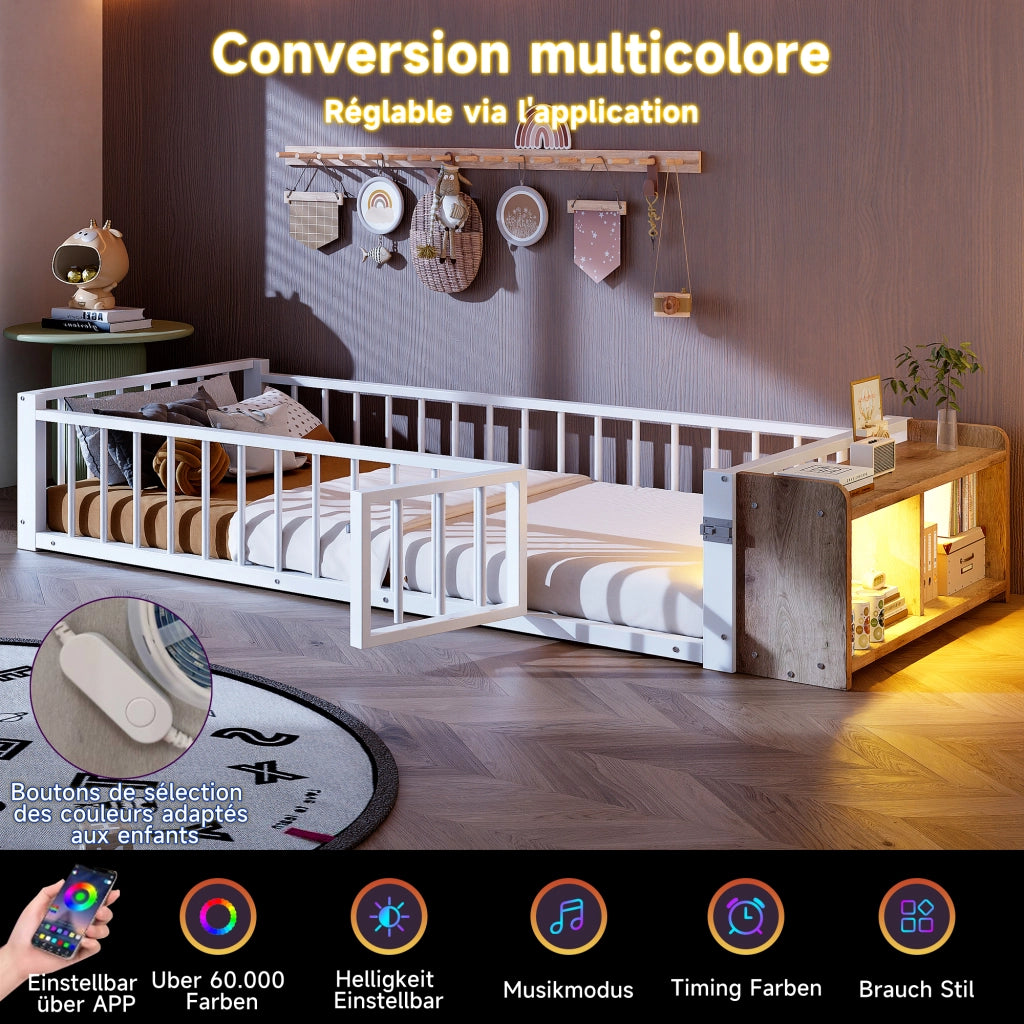 Letto in metallo con cassetti LED 90x200 MDF bianco e metallo