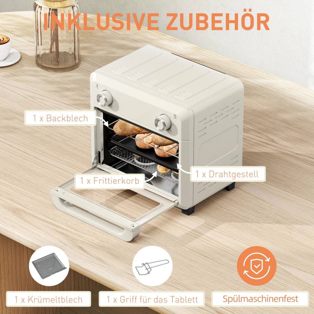 Forno ad Aria Calda per Grigliare, Cuocere e Friggere ¨C zephmum ¨C Timer, 1000W, Lavabile in Lavastoviglie, Bianco Crema