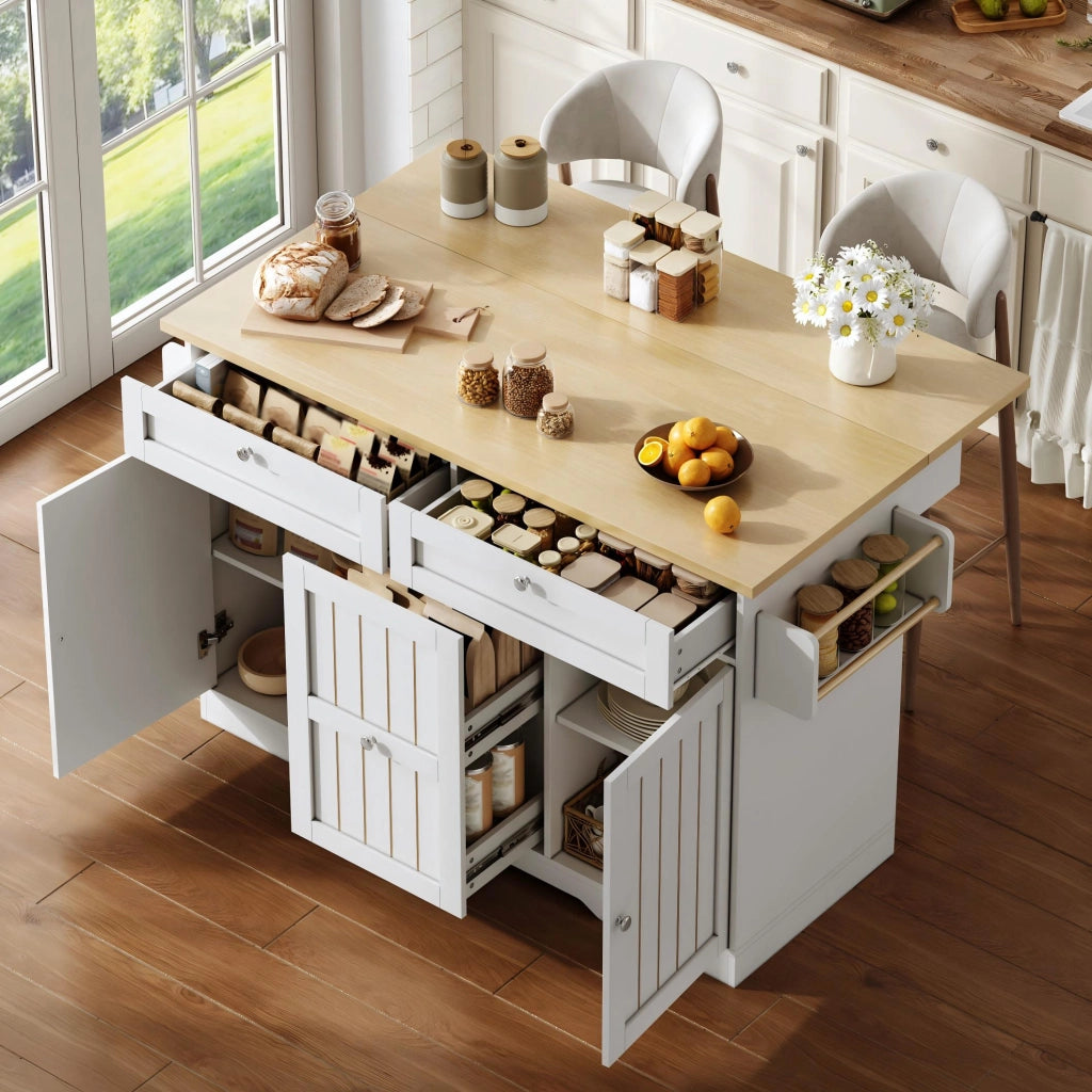 Isola cucina mobile con piano richiudibile, cassetti verticali e ruote bloccabili, 120 x 45(70) x 92 cm