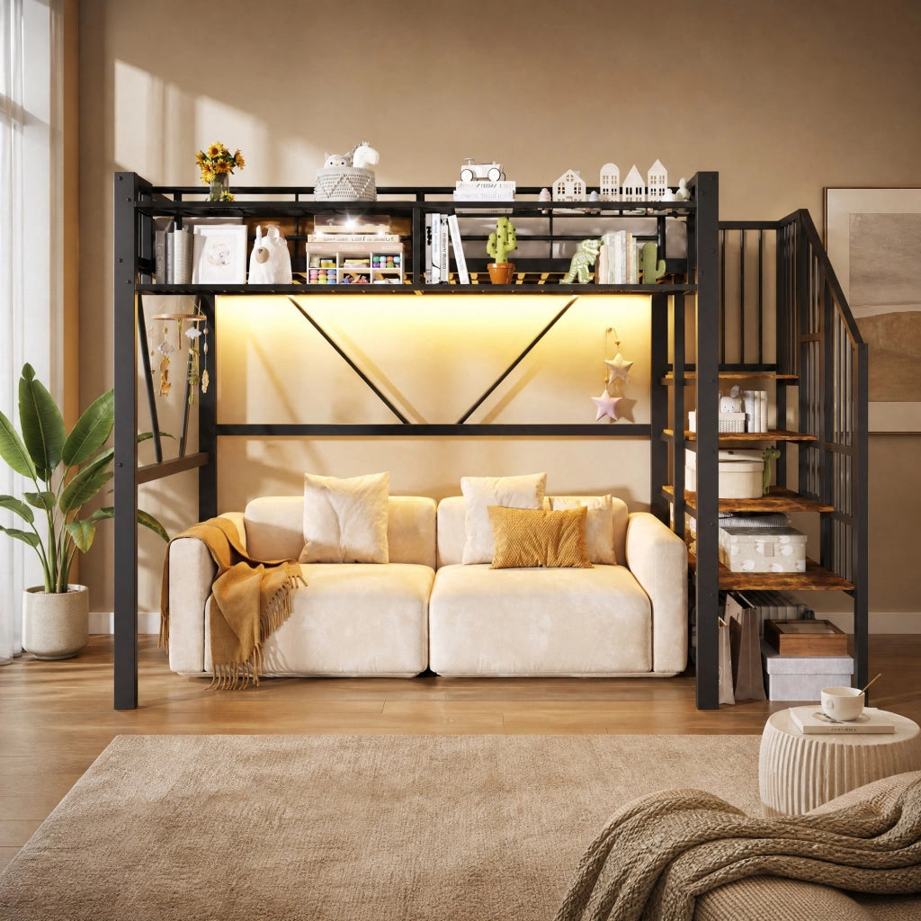 LETTO A CASTELLO 90x200 cm in metallo e MDF con LED, nero