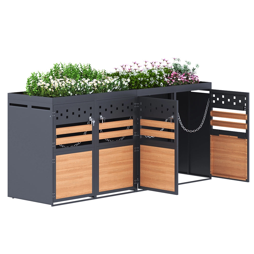 Box per rifiuti 4 posti con tetto vegetale - Xylo - 120-240 litri - Colore antracite - Porta in legno, estensibile