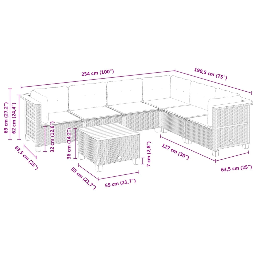 Set Divani da Giardino con Cuscini 7pz Nero Polyrattan