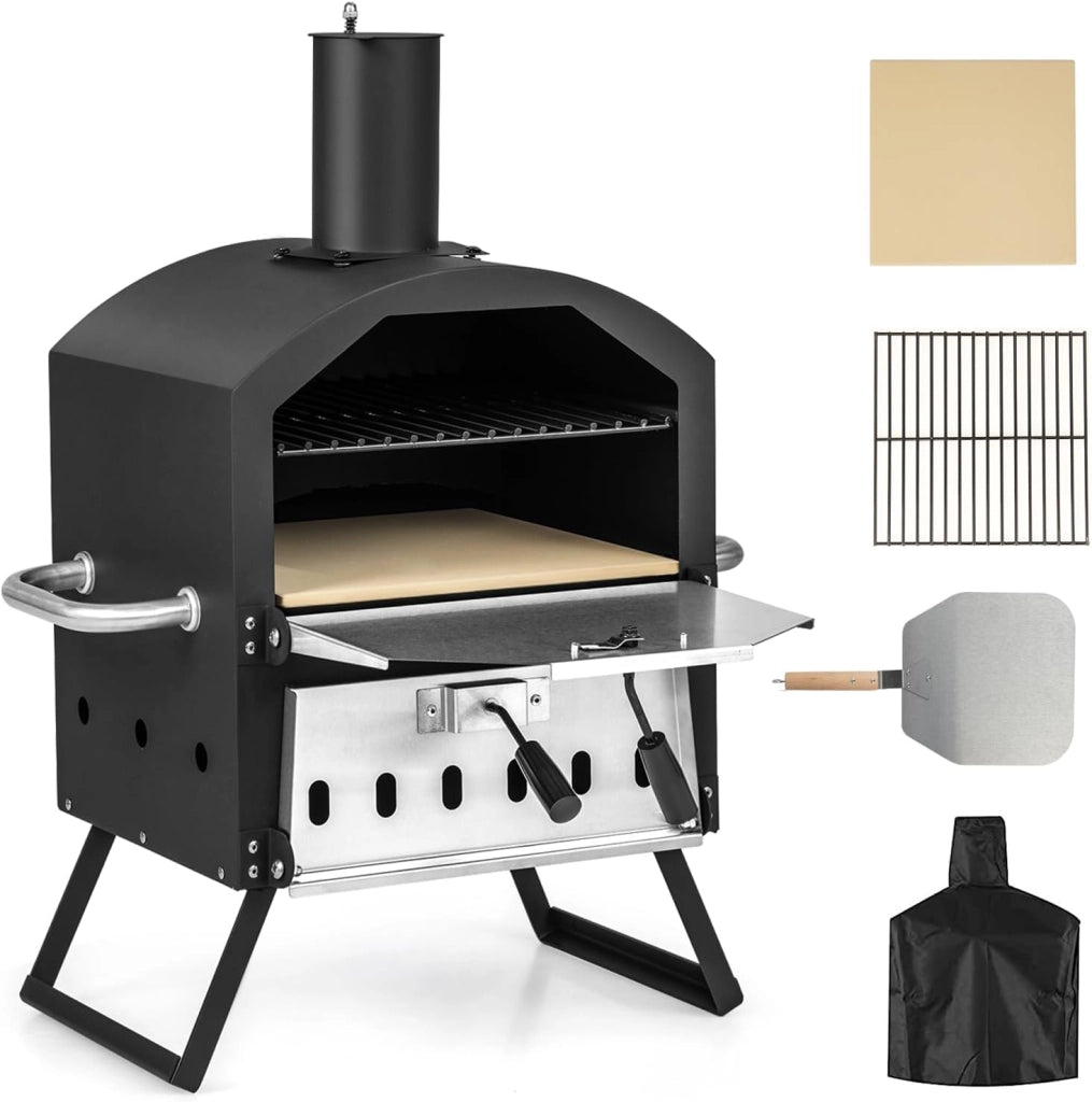 Forno per pizza aperto per esterni, 2 sezioni, 600°C, Forno in Legno portatile in Acciaio inossidabile, Mini Forno con Pizza, Spatola per Pizza, Griglia Coperchio impermeabile