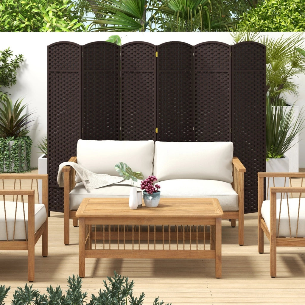 Separatore pieghevole a 6 pannelli, Schermo alto 170cm con texture intrecciata a mano e telaio in legno Marrone-Separ¨¨