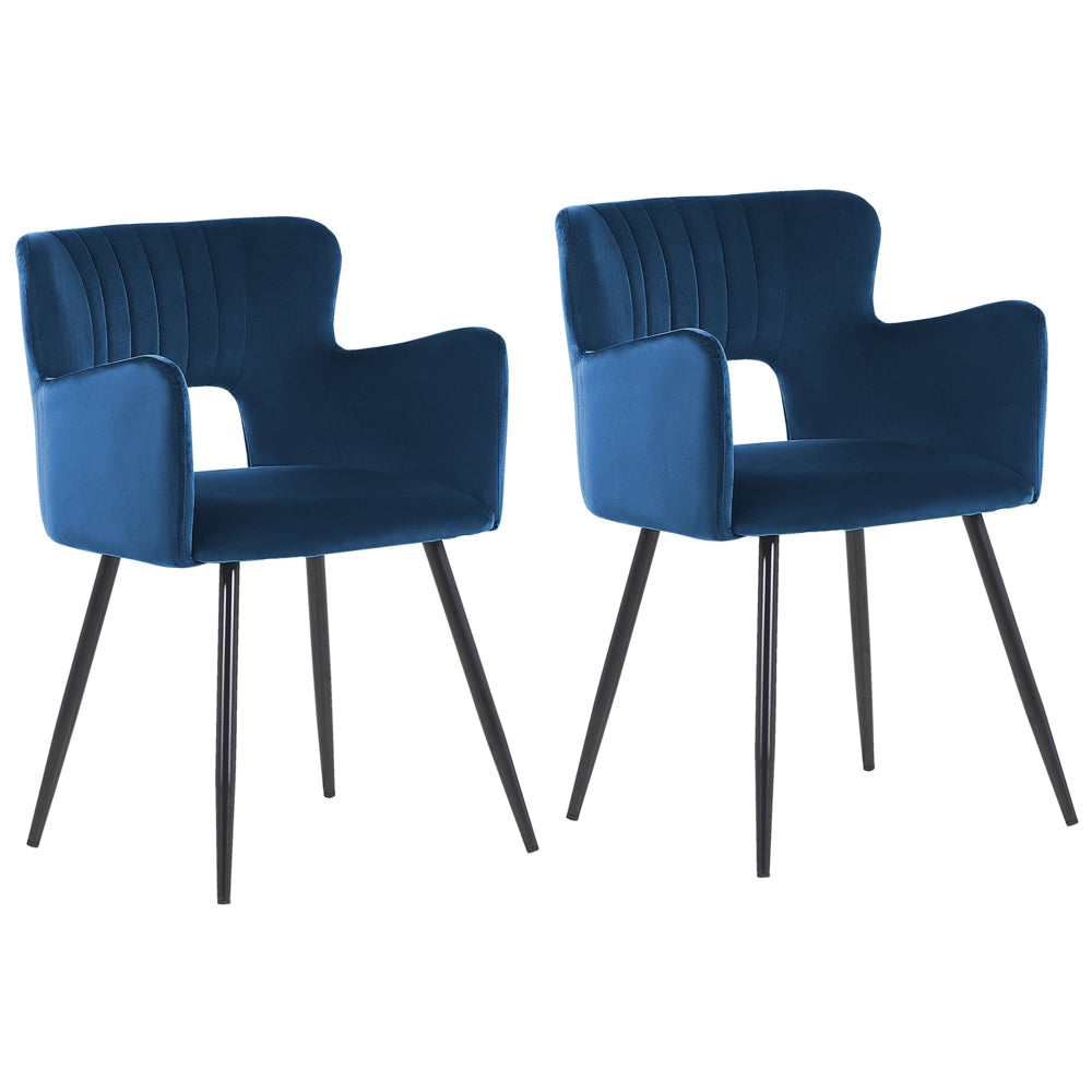 Set di 2 sedie da pranzo velluto blu marino braccioli schienale intagliato gambe in metallo moderna industriale