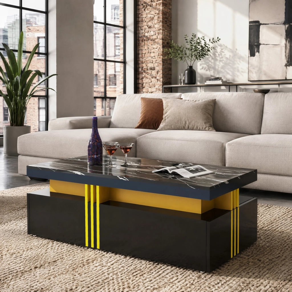 Tavolino da caff¨¨ rettangolare moderno nero con piano effetto marmo, 2 cassetti e struttura in truciolare, 100 x 50 x 40 cm