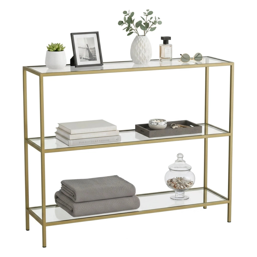 Consolle Domenica, Tavolo multiuso, Mobiletto d'appoggio, Scrivania da corridoio, 100x30h85 cm, Oro