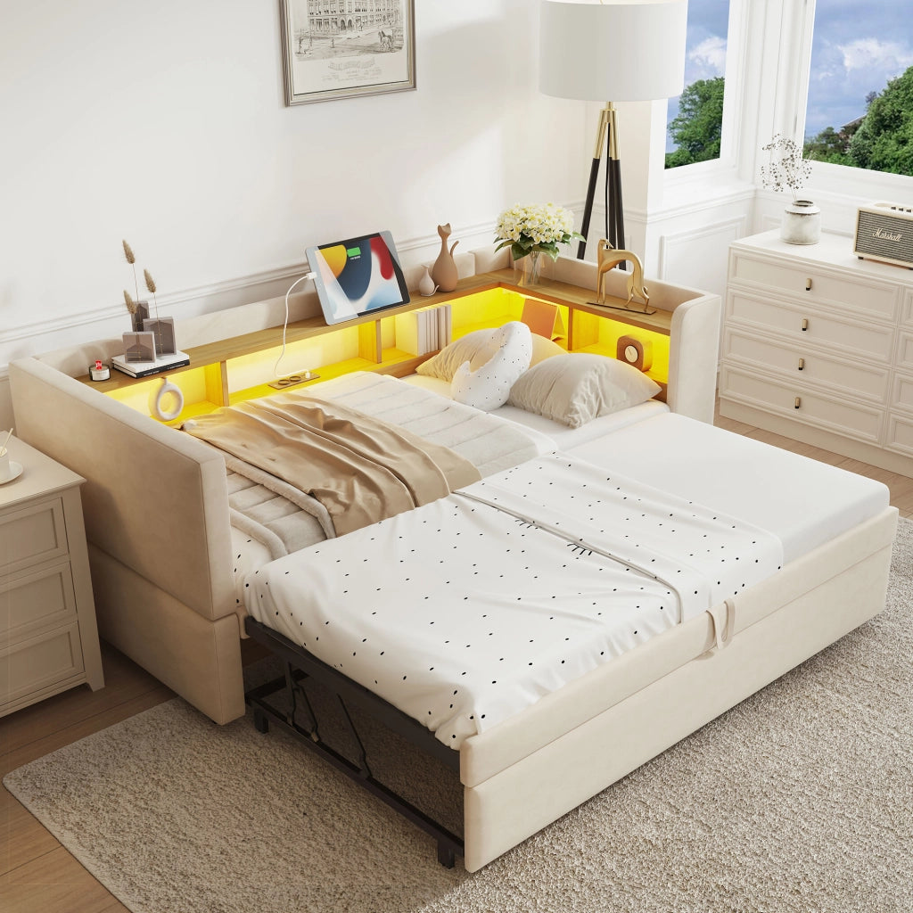 Letto divano estraibile in flanella beige 90/180x190 cm