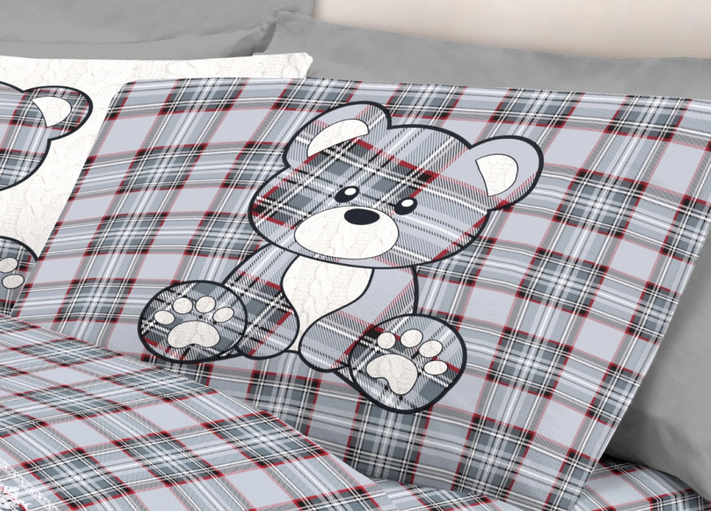 Completo Lenzuola Linea Pensieri Delicati 100% Cotone Disegno Orsetto Tartan - Piazza E Mezza - Grigio