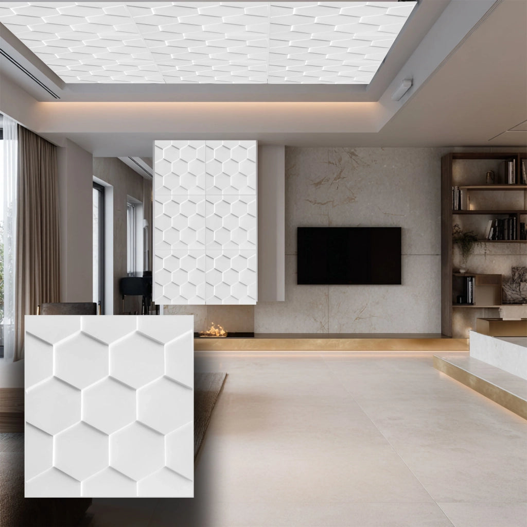 pannello per boiserie a parete, rivestimento cassonato a soffitto e porte in PVC 3D 50X50cm mod. EXAGON