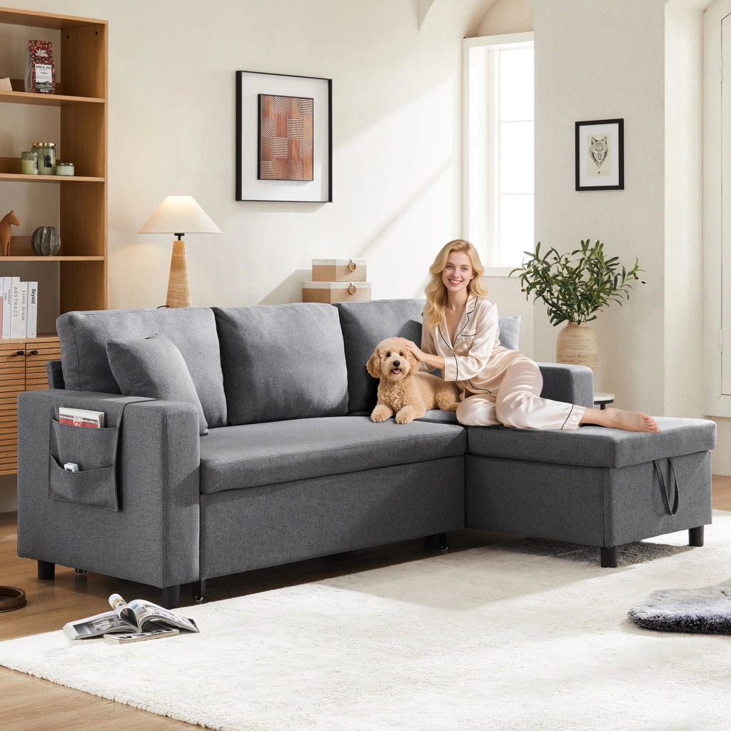 DIVANO LETTO Angolare reversibile 219,5x142,5x83 cm Lino Grigio Scuro con 2 cuscini