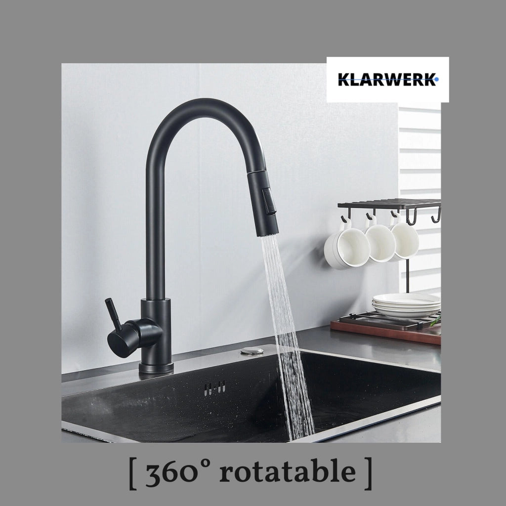 JANA | Rubinetto da cucina estraibile Premium in acciaio inox nero opaco miscelatore arco alto |gastronomia alta pressione ruotabile a 360° 2 attacchi