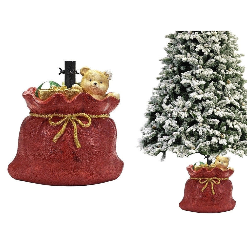 Trade Shop - Supporto Piede Per Albero Di Natale Rosso Base Sacco Regali Con Orsetto Decorazione -