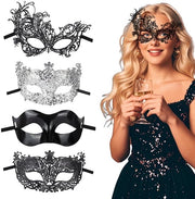 Maschera Veneta a 4 pezzi - Nero/Argento - Tessuto/Cotton - Maschera Retro - Costume/Festa - Comodo e Sovrappensiero