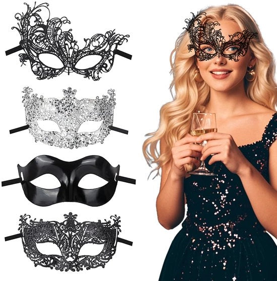 Maschera Veneta a 4 pezzi - Nero/Argento - Tessuto/Cotton - Maschera Retro - Costume/Festa - Comodo e Sovrappensiero
