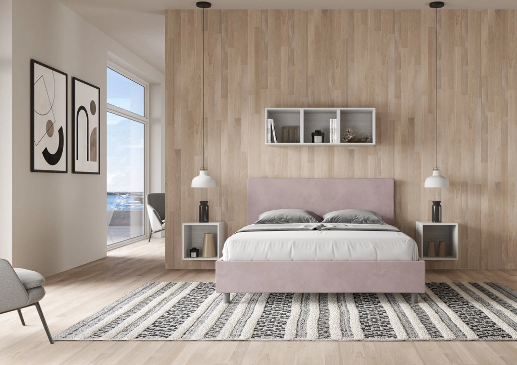 BS COM Letto queen size senza rete imbottito 150x210 microfibra glicine