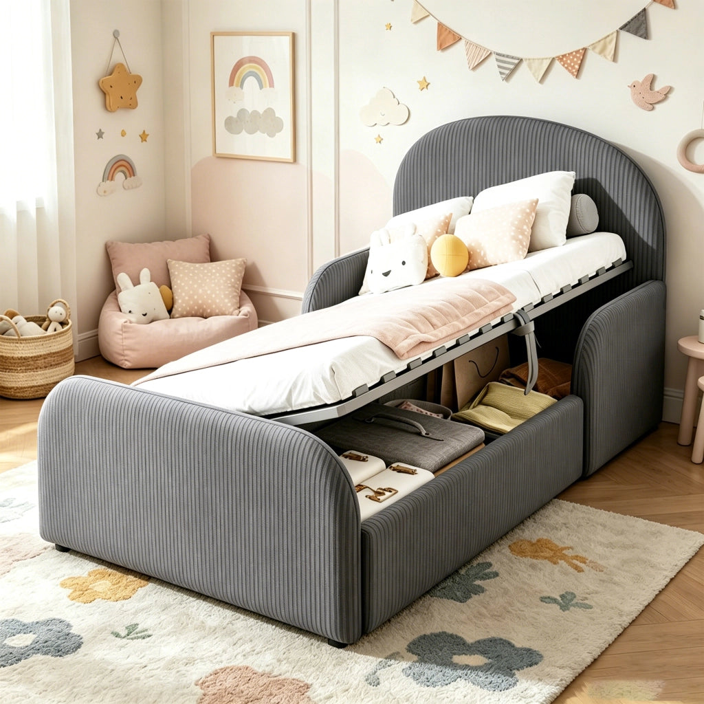 DESMIU Letto per bambini 90 × 200 cm con vano contenitore idraulico e sponde di sicurezza, senza materasso, in velluto, grigio