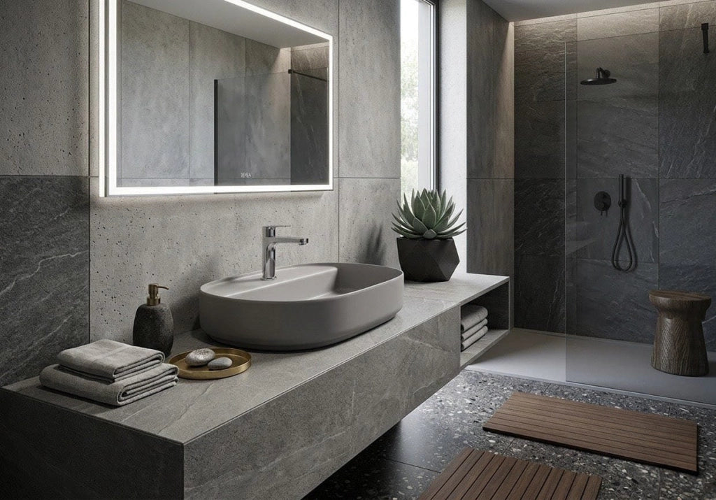 Lavabo ovale da appoggio senza troppo pieno in ceramica con foro rubinetto - Grigio Pietra Opaco