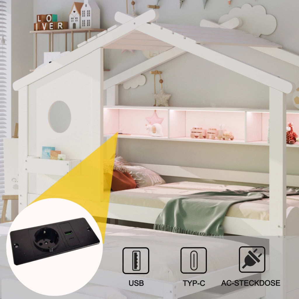 Letto 90200 bianco letto extra 90190 design casa cassetti USB+Tipo-C+LED mensole multifunzionale