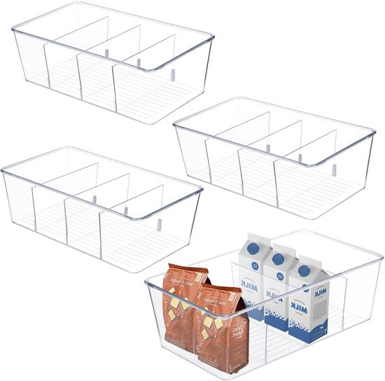 Set di 4 organizzatori per frigorifero - Cassetto da cucina - Organizzatore da cucina con 4 compartimenti, BPA libero, per la conservazione di tazze per tè, snack e spezie (trasparente)