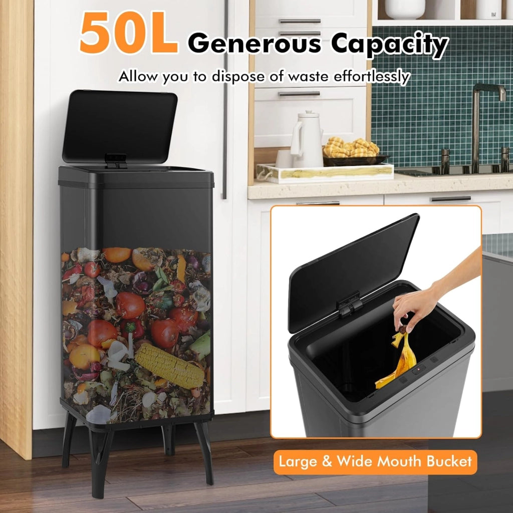 Pattumiera in acciaio inox, pattumiera automatica da 50 l, gambe staccabili, interruttore a induzione intelligente, coperchio silenzioso in ABS, per cucina (nero)