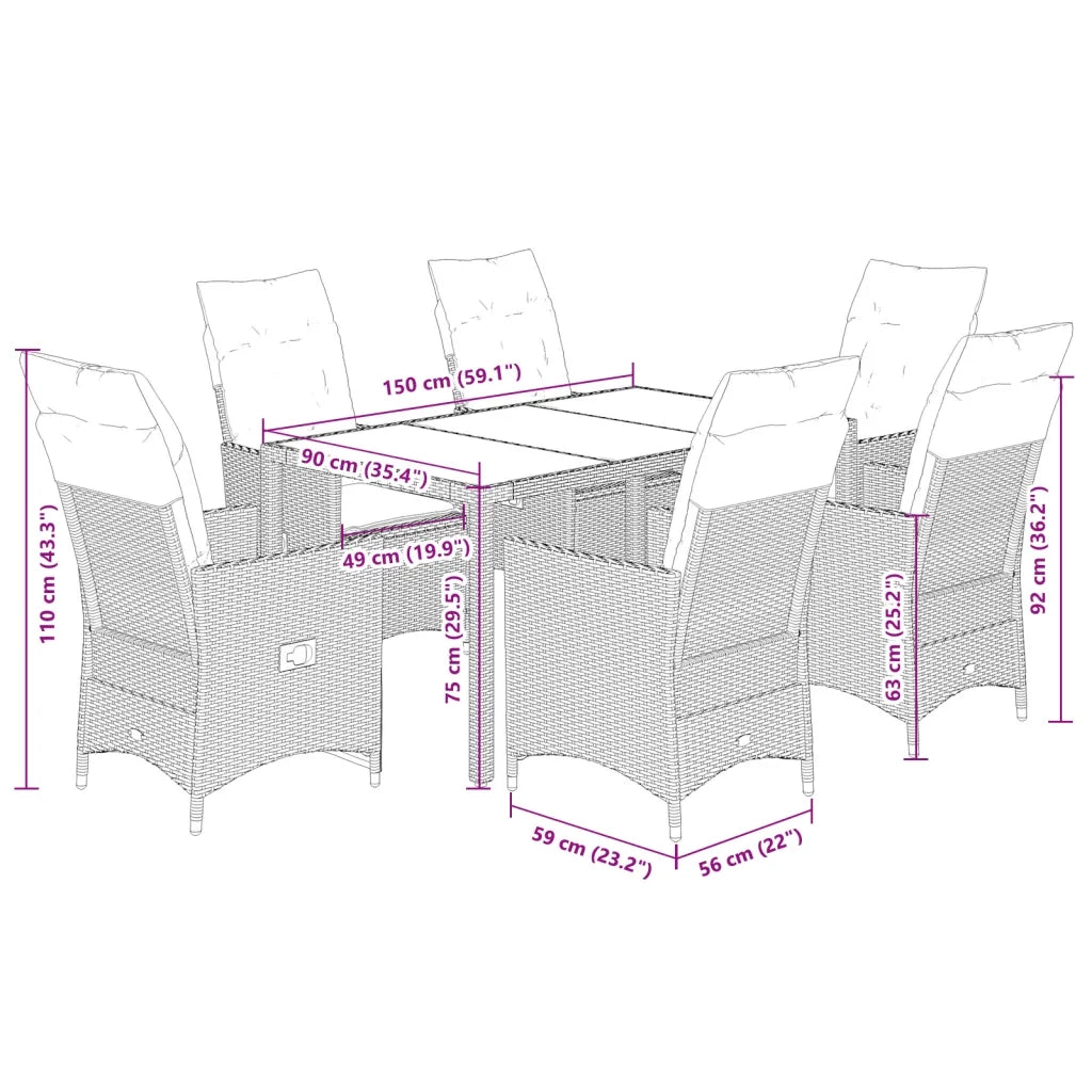 Set da Pranzo da Giardino 7 pz con Cuscini in Polyrattan Grigio