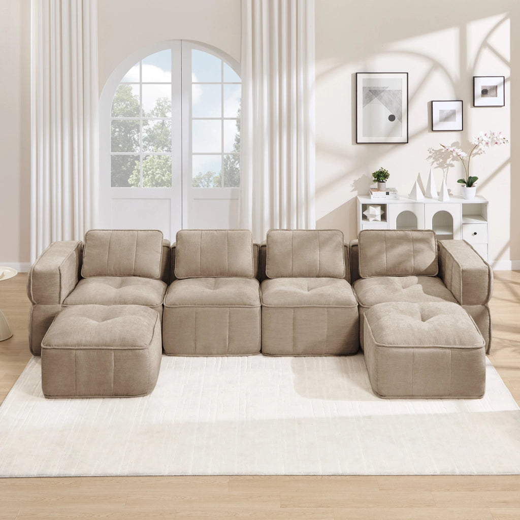 Divano modulare a U 4 posti senza telaio con pouf e seduta profonda in poliestere sabbia 344 × 162 × 67 cm