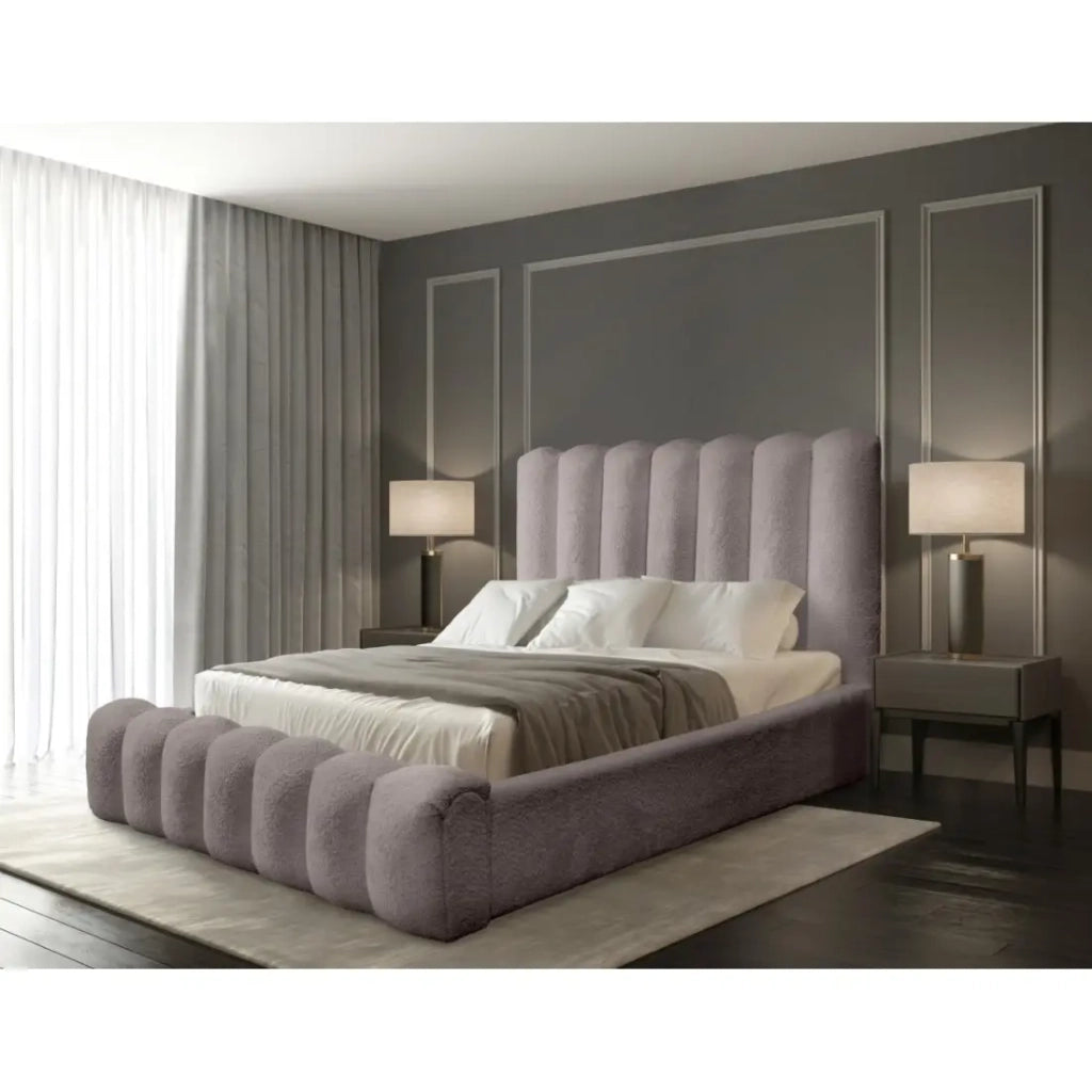 Letto contenitore BADJA – Tessuto bouclé Taupe cendré – 180x200 cm – Rete sollevabile – Design di alta gamma