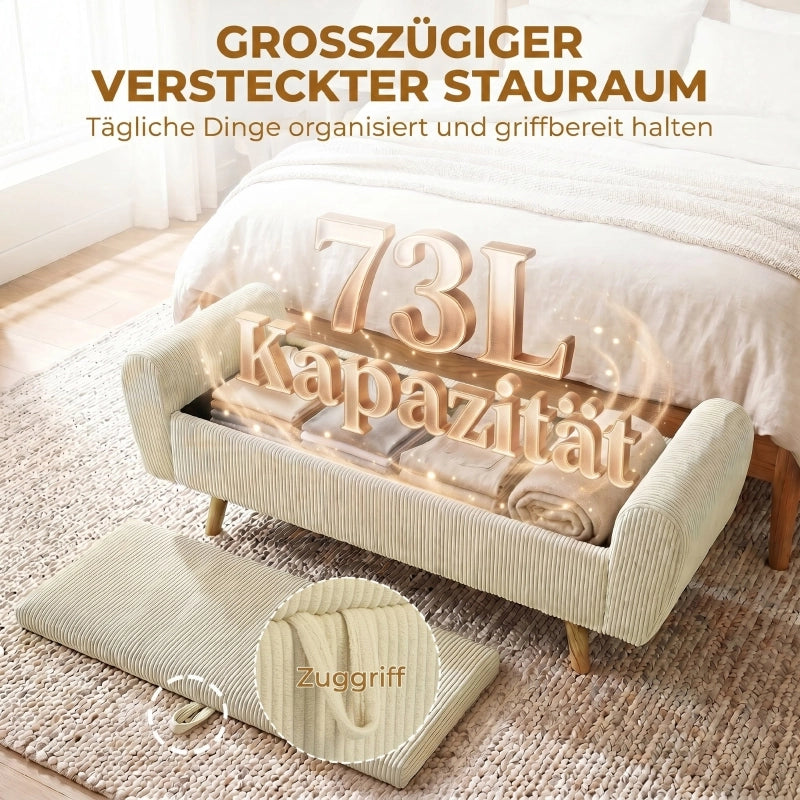 Panca contenitore in velluto a coste con braccioli arrotondati e piedini in legno beige per camera da letto 150 cm