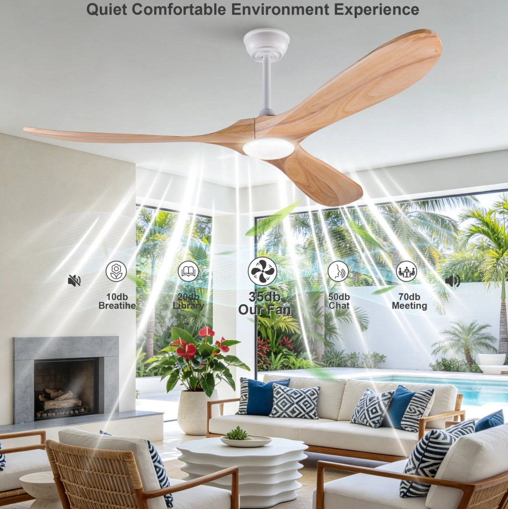 Ventilatore da soffitto 60 pollici con luce LED; 3 pale in legno massello; bianco naturale