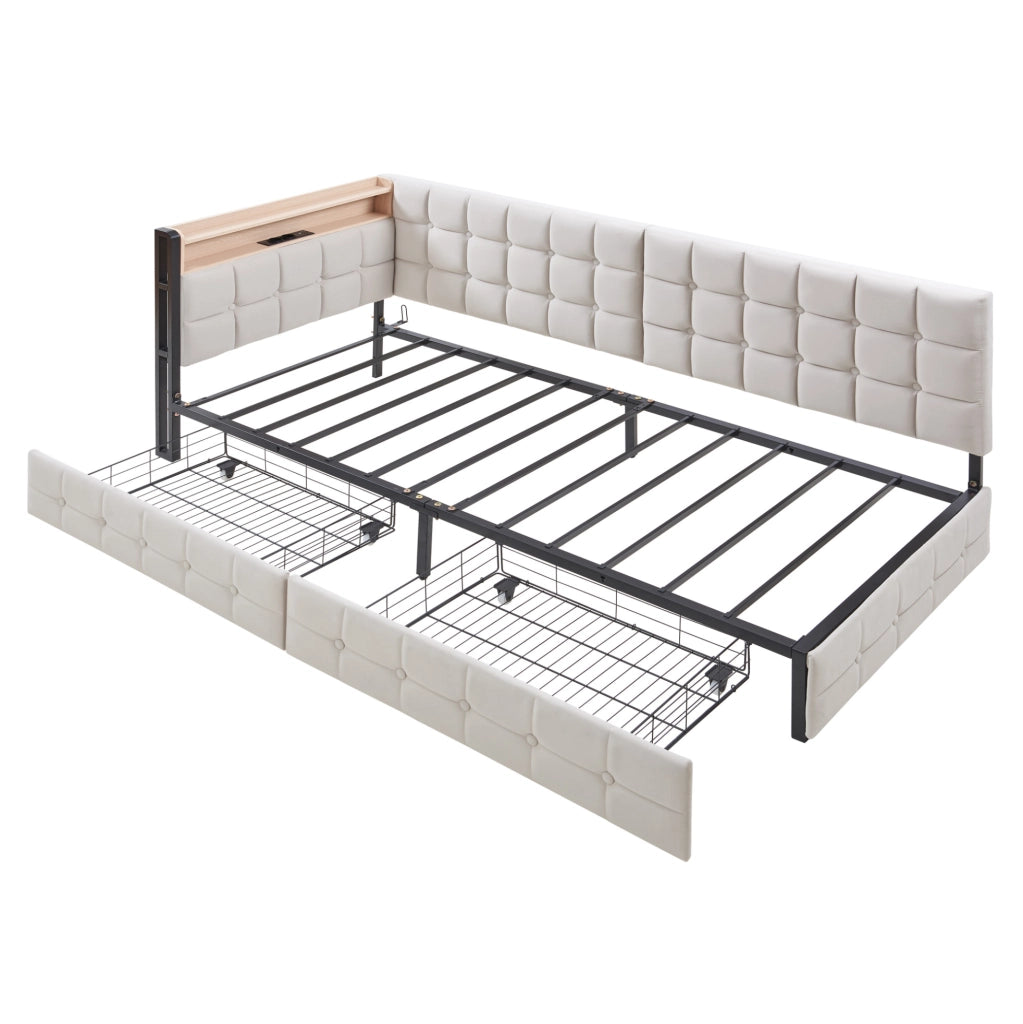 Divano letto imbottito 90x200 cm con LED, USB-C e cassetti