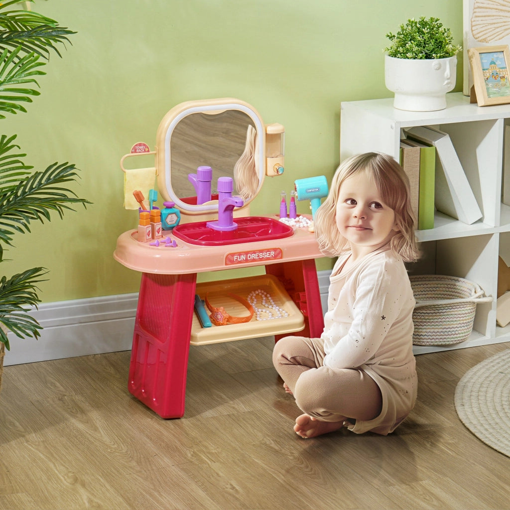 Specchiera Giocattolo per Bambini Tavolo Toeletta con Accessori e Rubinetto Rosa