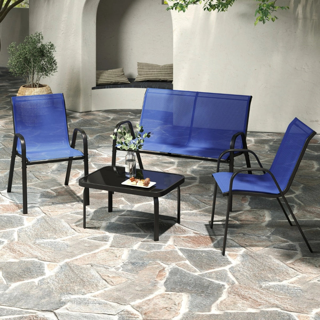 Set da 4 pezzi di mobili per esterni con tavolino in vetro temperato, Set da conversazione all'aperto Blu