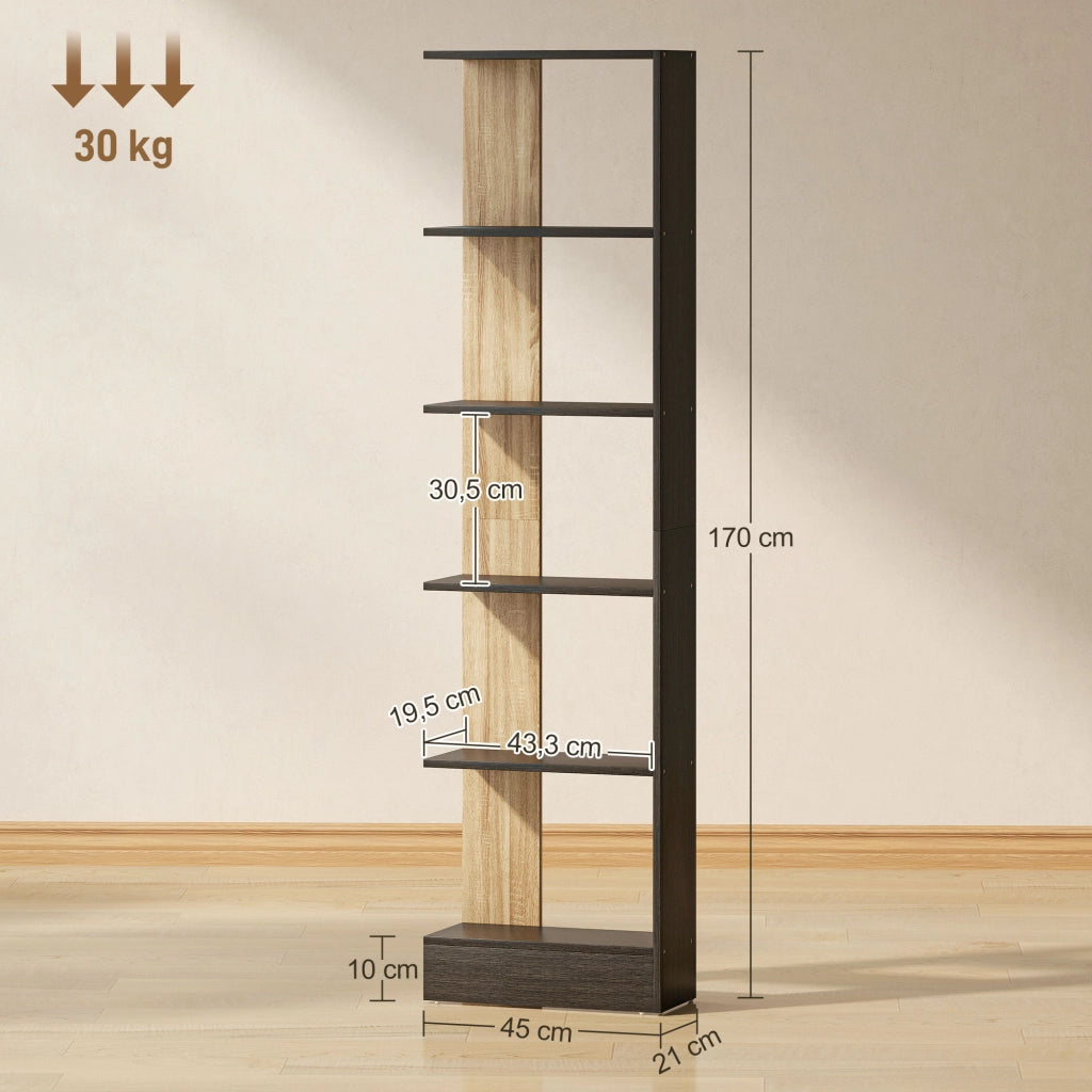 Libreria a 5 Ripiani Aperti ¨C zephmum ¨C Nero e Quercia 45x21x170 cm
