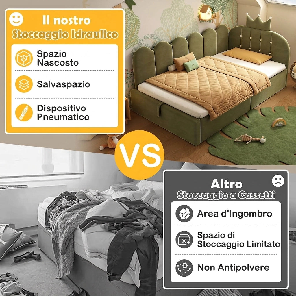 Divano letto singolo 90x190 con contenitore idraulico; letto verde con design a corona in velluto