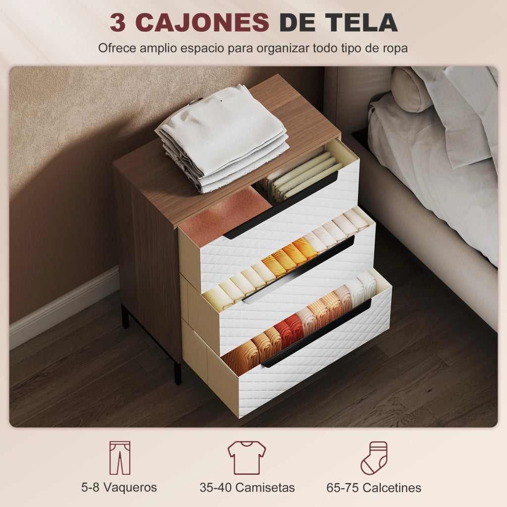 Com¨° con 3 Cassetti in Tessuto Effetto Diamantato ¨C Zephmum ¨C Bianco e Naturale 60x40x40