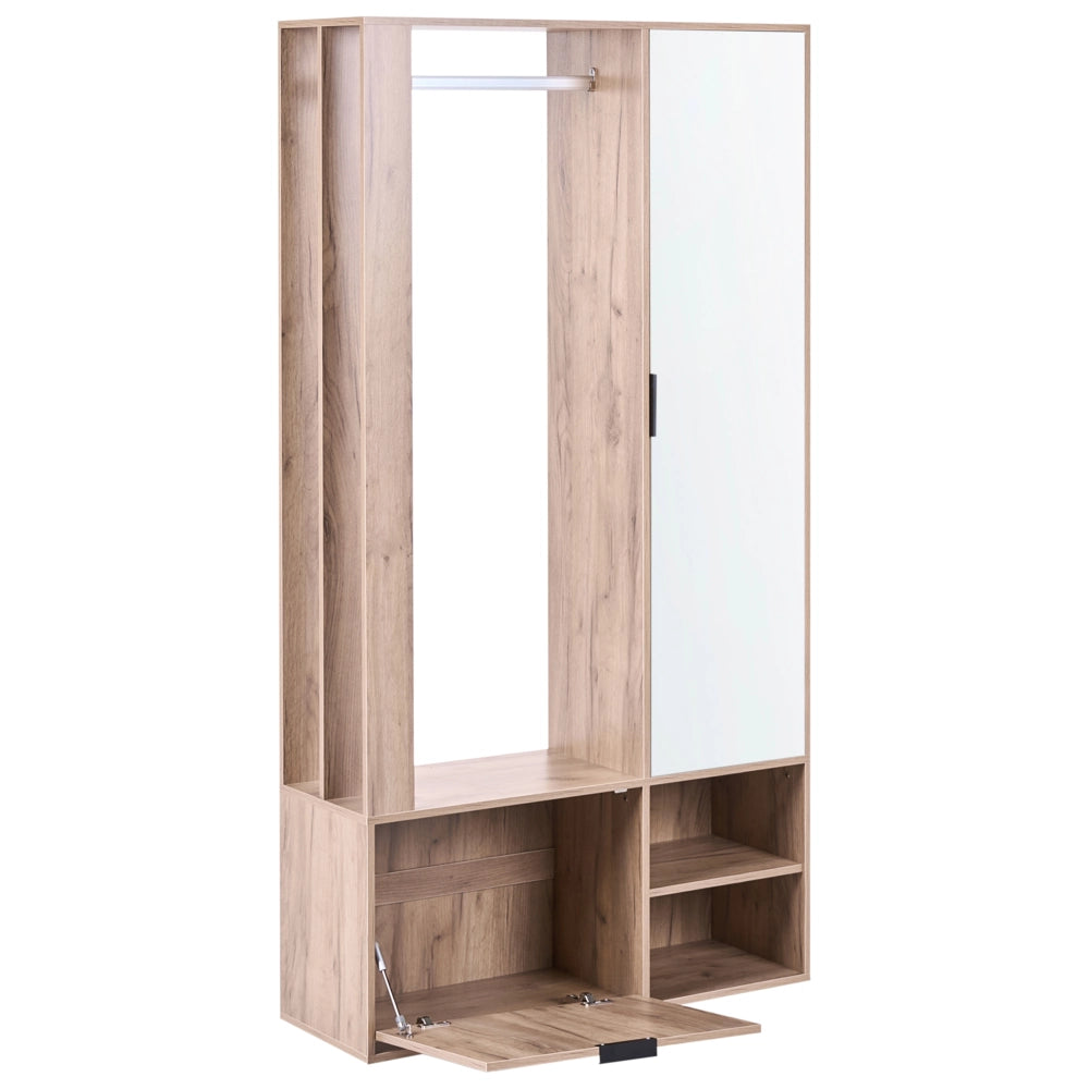 Armadio in truciolato marrone chiaro 100 x 35 x 190 cm con appendiabiti scarpiera mobile da ingresso ante a specchio stile moderno