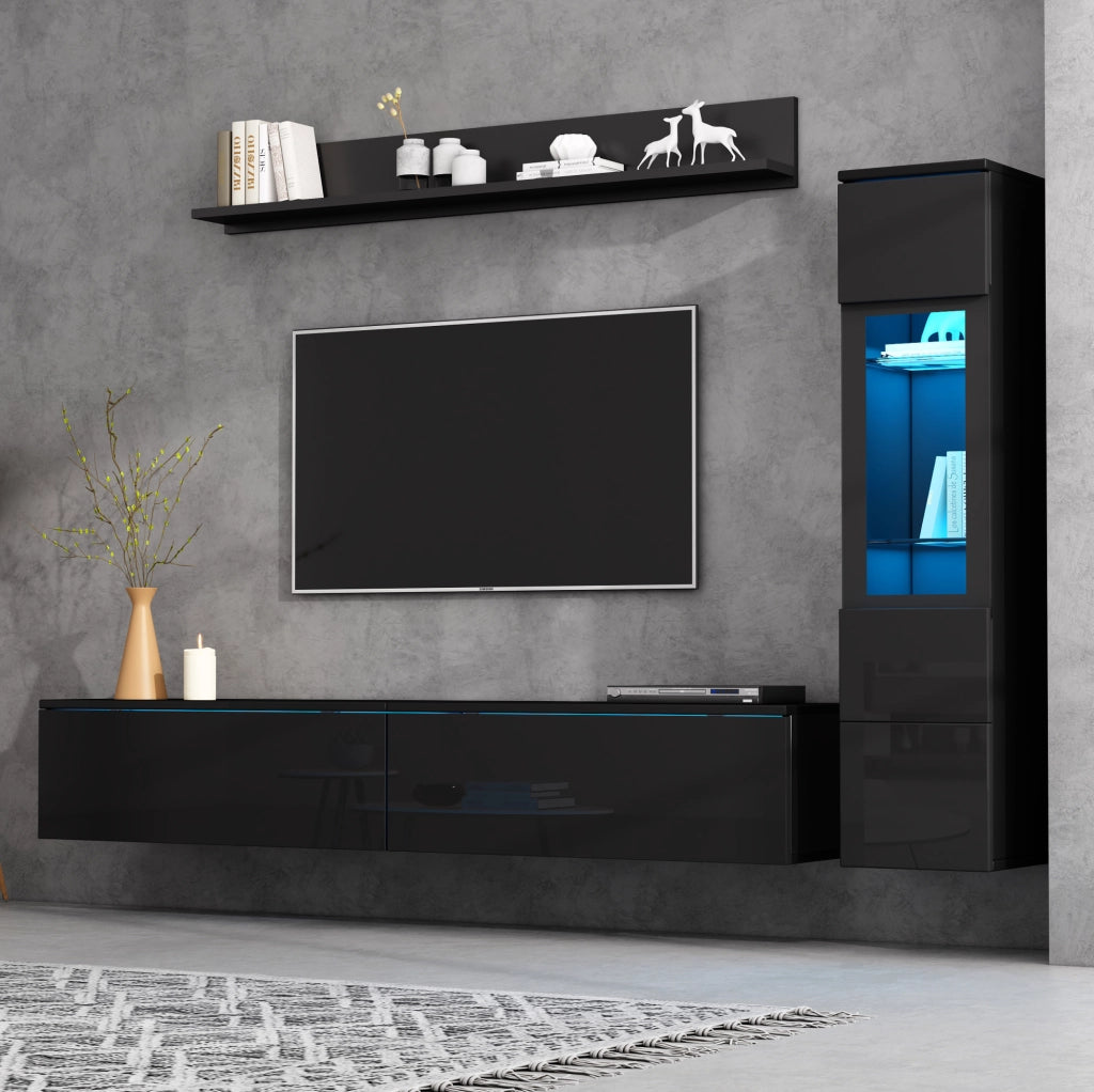 Parete attrezzata 3 pezzi con illuminazione LED RGB in truciolare nera